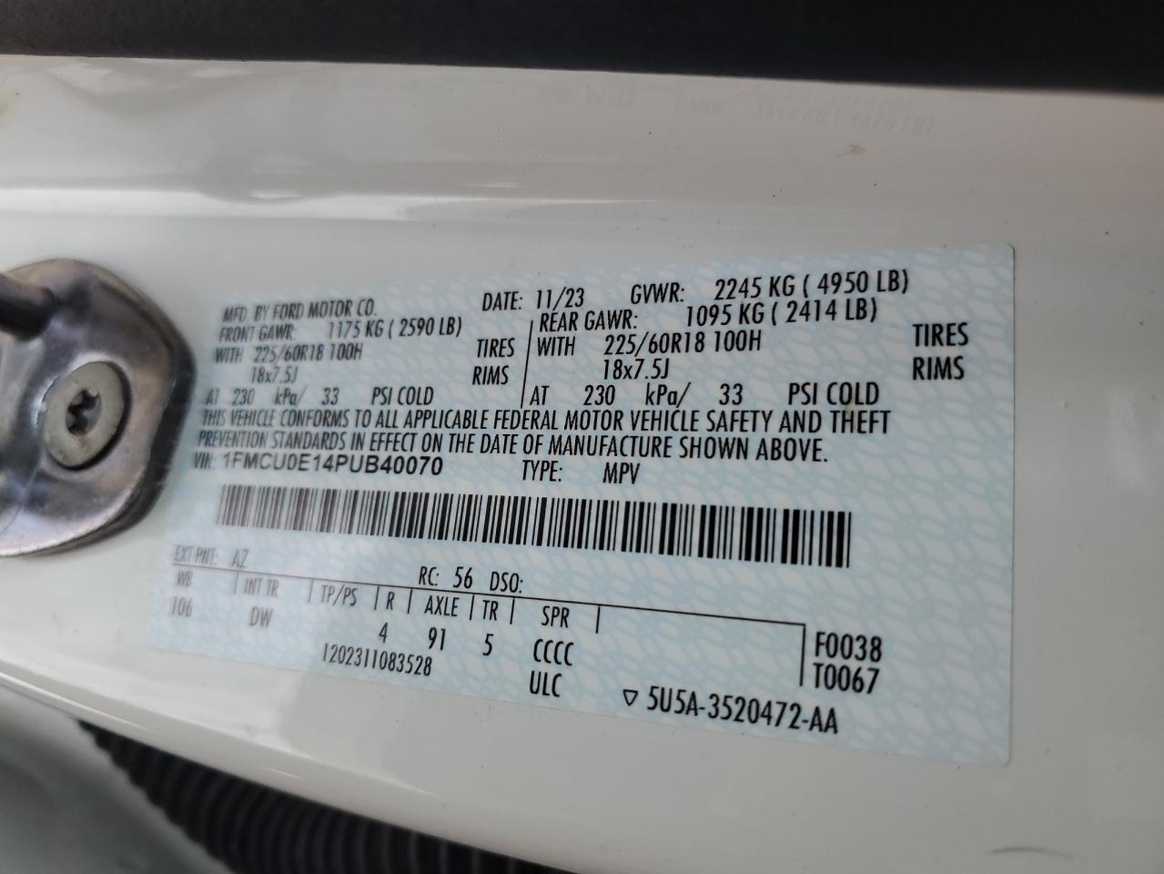 2023 Ford Escape VIN 1FMCU0E14PUB40070 Copart auction photo, rear end / side damage thumbnail 15