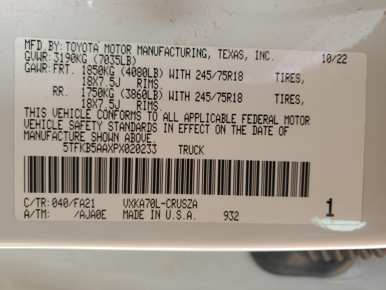 2023 Toyota Tundra VIN 5TFKB5AAXPX020233 Copart auction photo, front end damage thumbnail 13