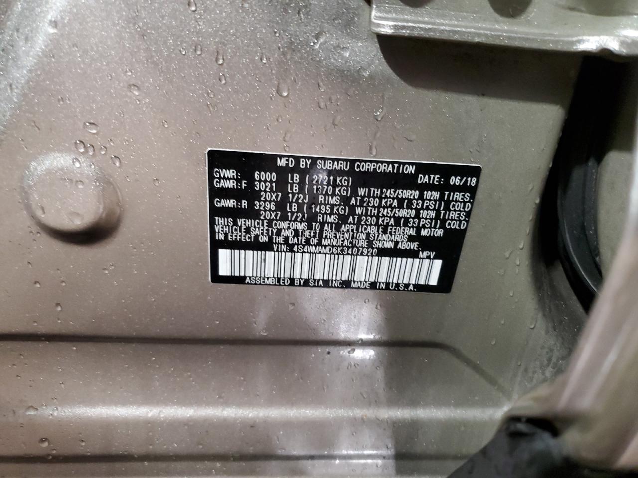 2019 Subaru Ascent VIN 4S4WMAMD6K3407920 Copart auction photo, front end / burn - engine damage thumbnail 14
