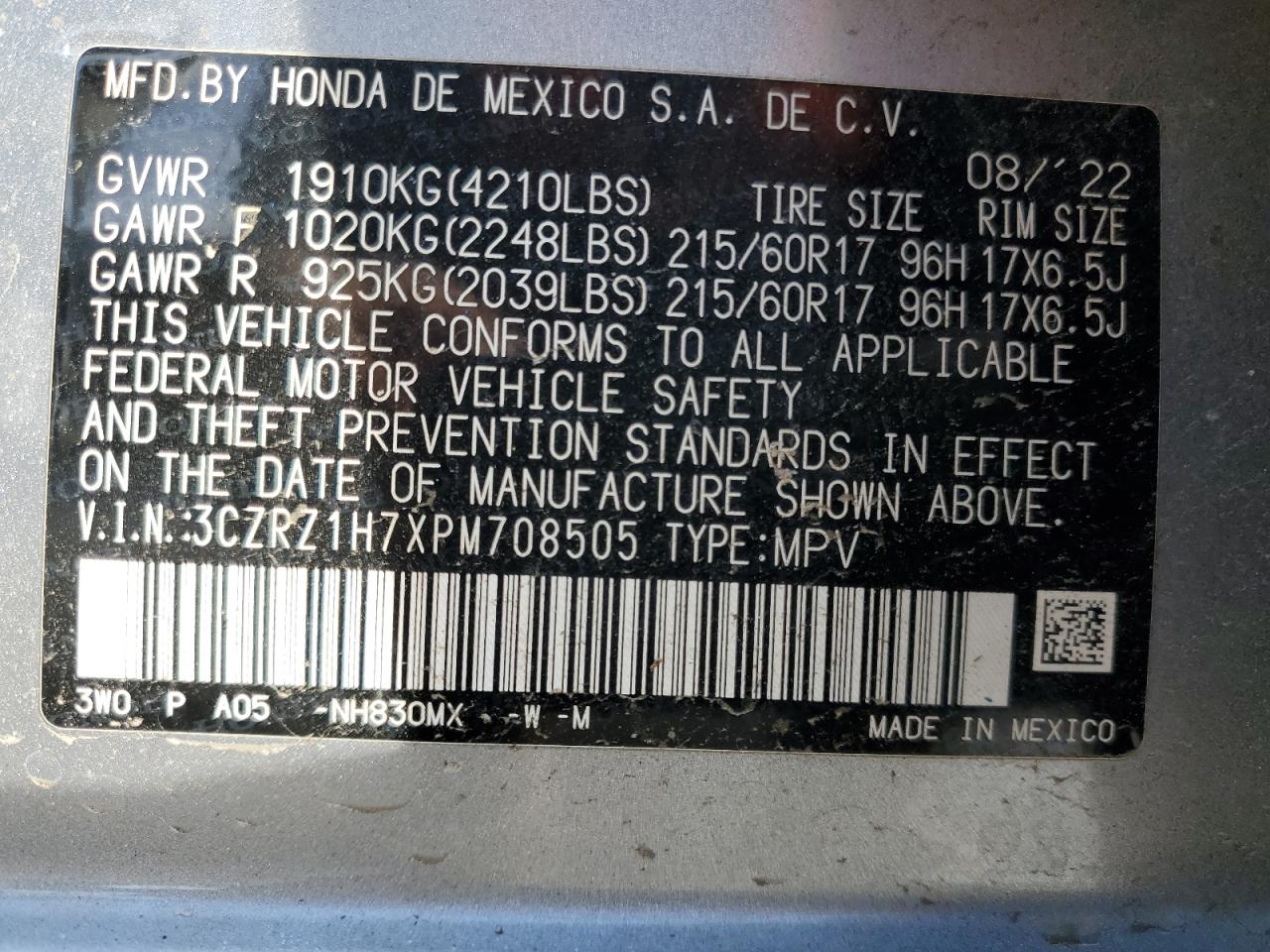 2023 Honda HR-V VIN 3CZRZ1H7XPM708505 Copart auction photo, side damage thumbnail 14