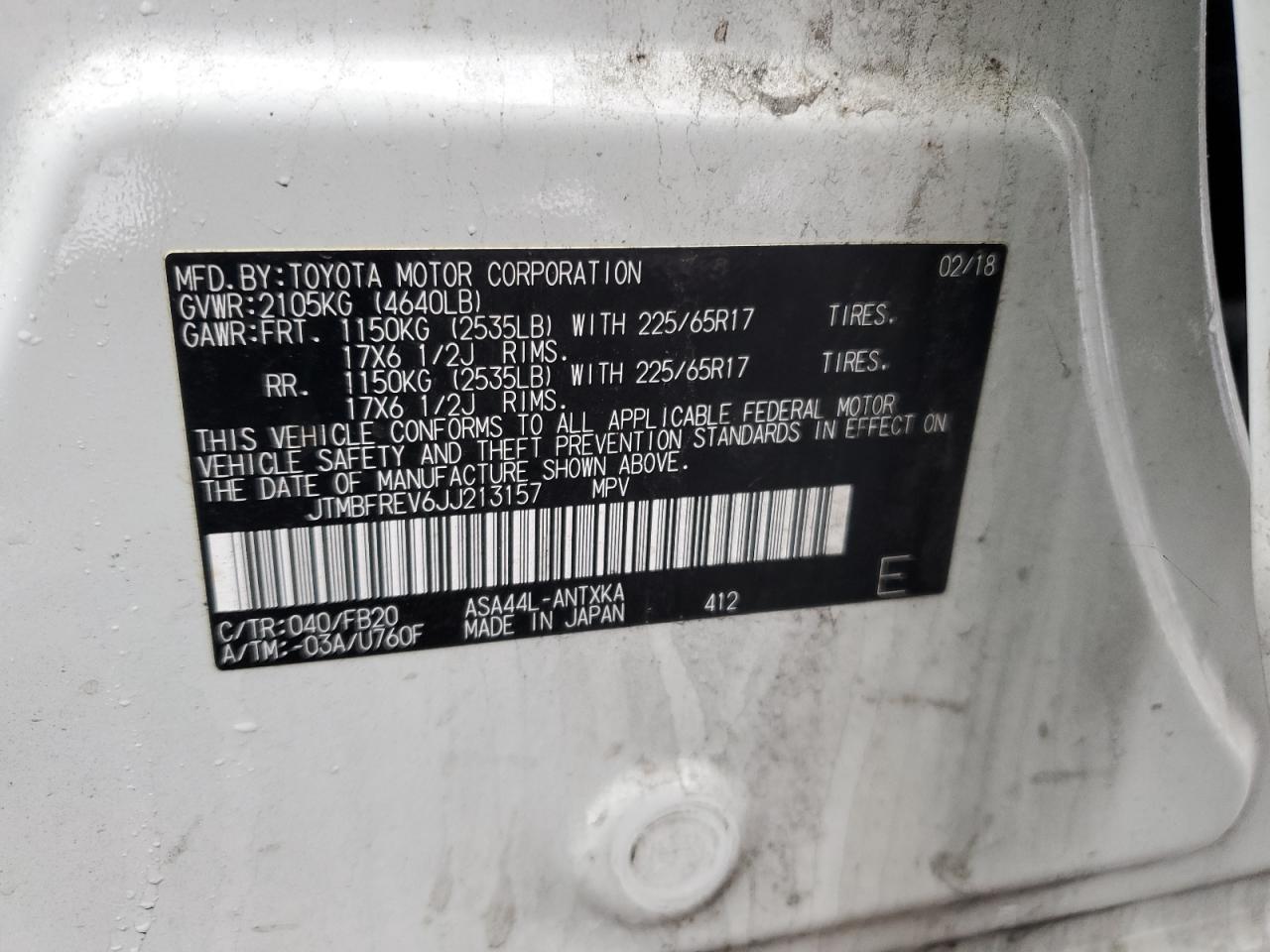 2018 Toyota RAV 4 VIN JTMBFREV6JJ213157 Copart auction photo, front end / side damage thumbnail 14