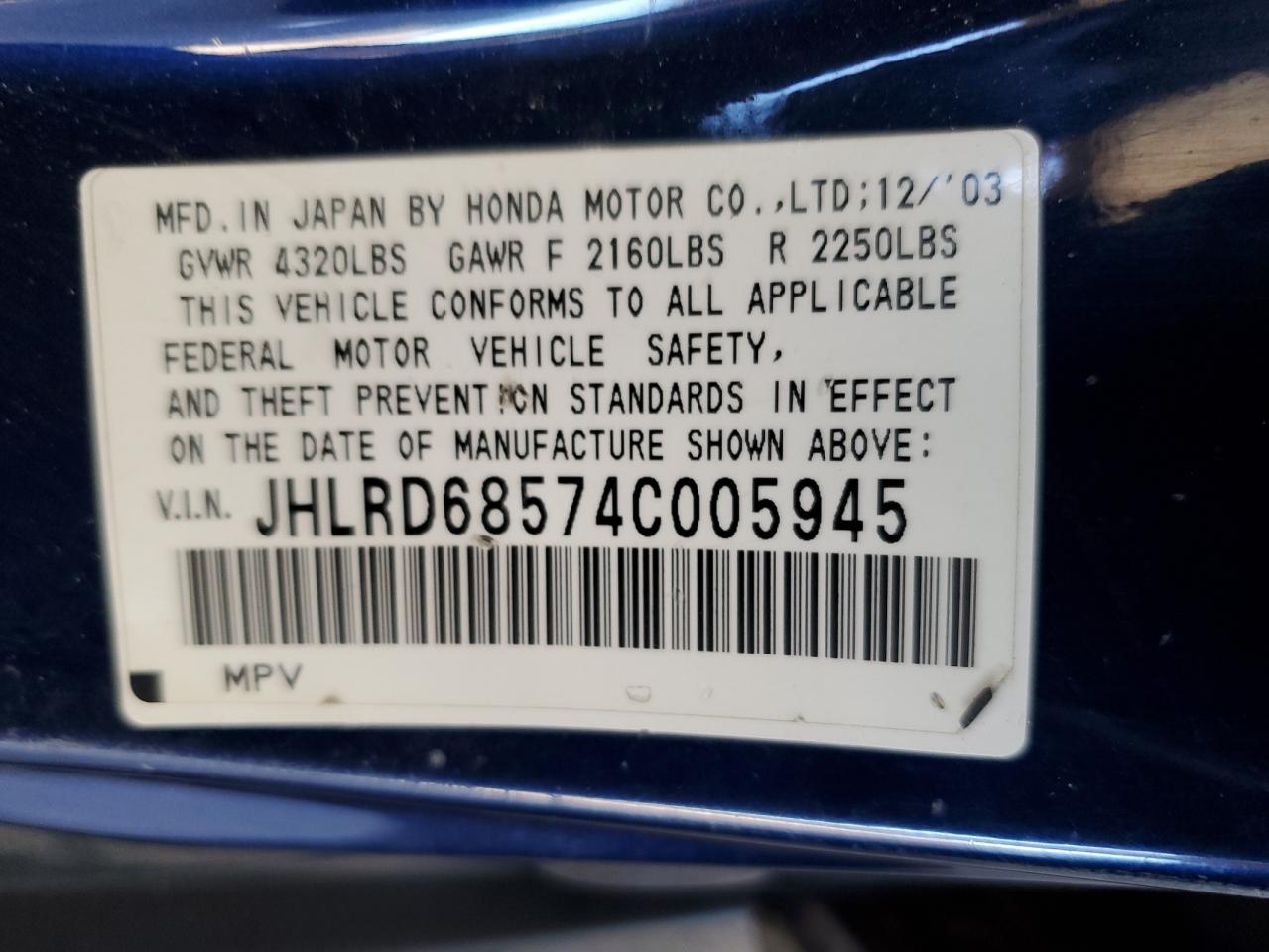 2004 Honda CR-V VIN JHLRD68574C005945 Copart auction photo, front end damage thumbnail 15