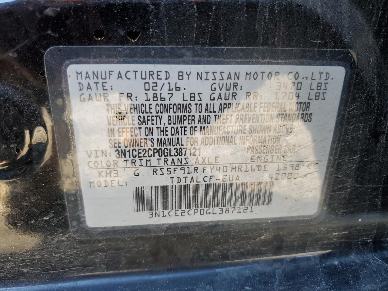 2016 Nissan Versa VIN 3N1CE2CP0GL387121 Copart auction photo, front end / side damage thumbnail 12