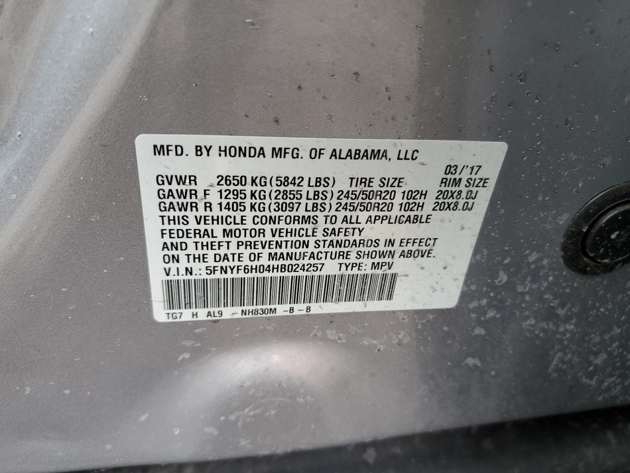 2017 Honda Pilot VIN 5FNYF6H04HB024257 Copart auction photo, front end / minor dent/scratches damage thumbnail 16