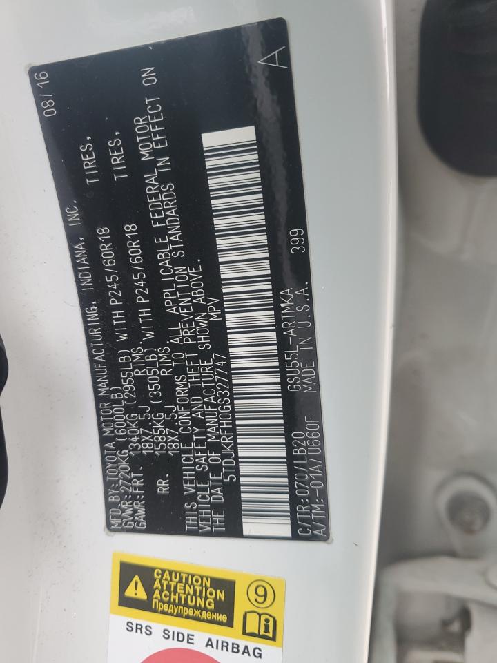 2016 Toyota Highlander VIN 5TDJKRFH0GS327747 Copart auction photo, side damage thumbnail 13