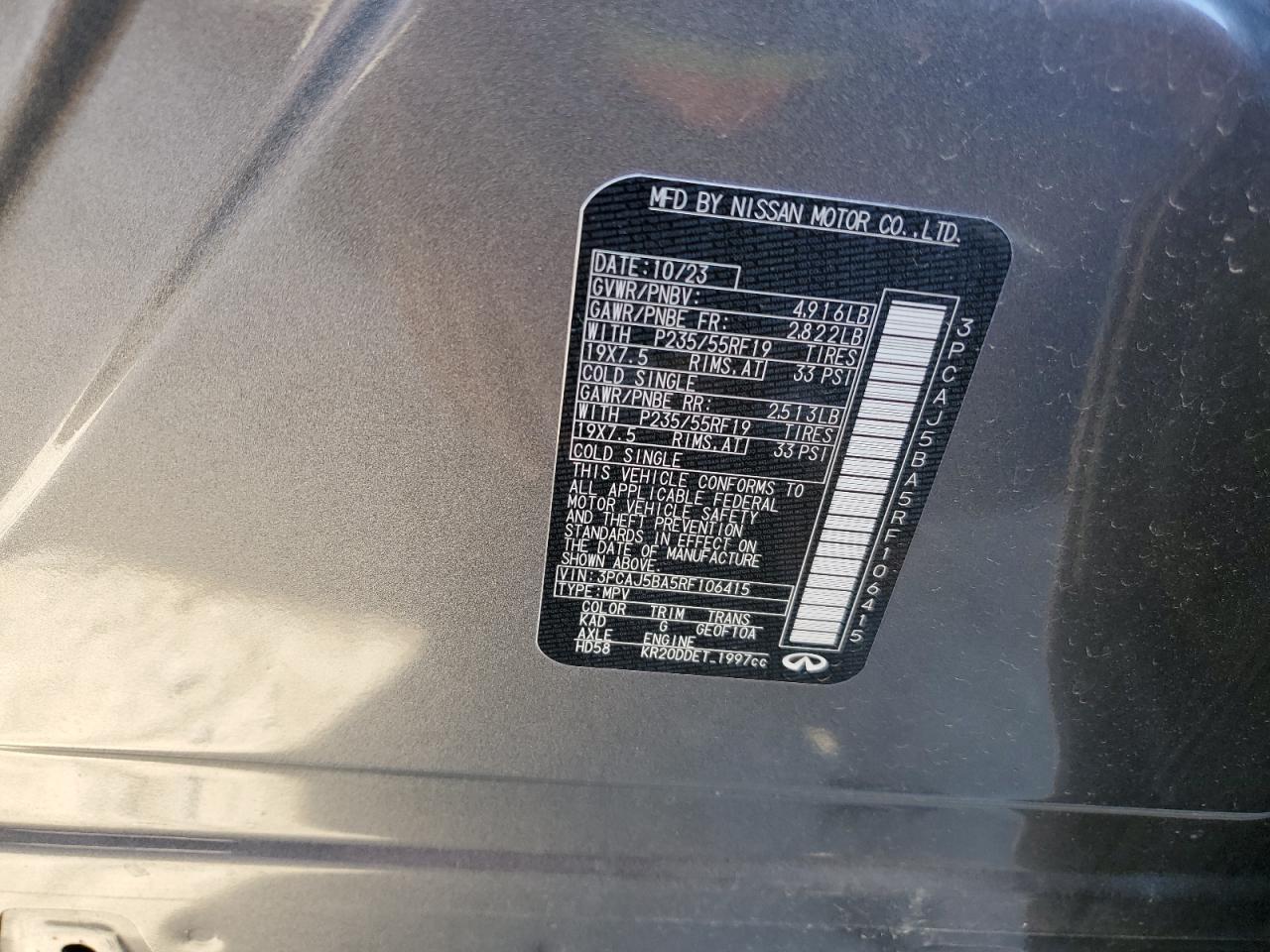 2024 Infiniti QX50 VIN 3PCAJ5BA5RF106415 Copart auction photo, side / rear end damage thumbnail 13