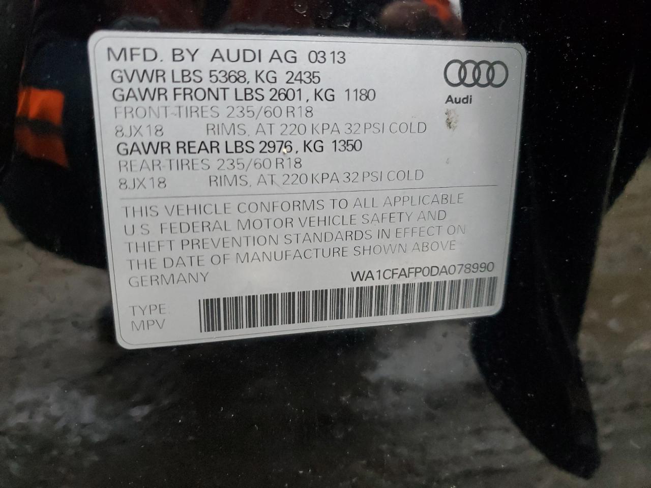 2013 Audi Q5 VIN WA1CFAFP0DA078990 Copart auction photo, front end damage thumbnail 14