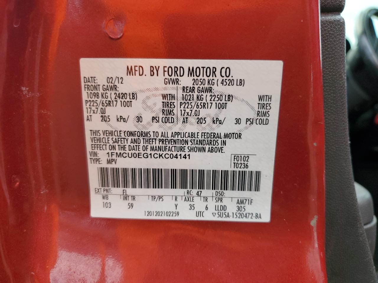 2012 Ford Escape VIN 1FMCU0EG1CKC04141 Copart auction photo, rear end damage thumbnail 14