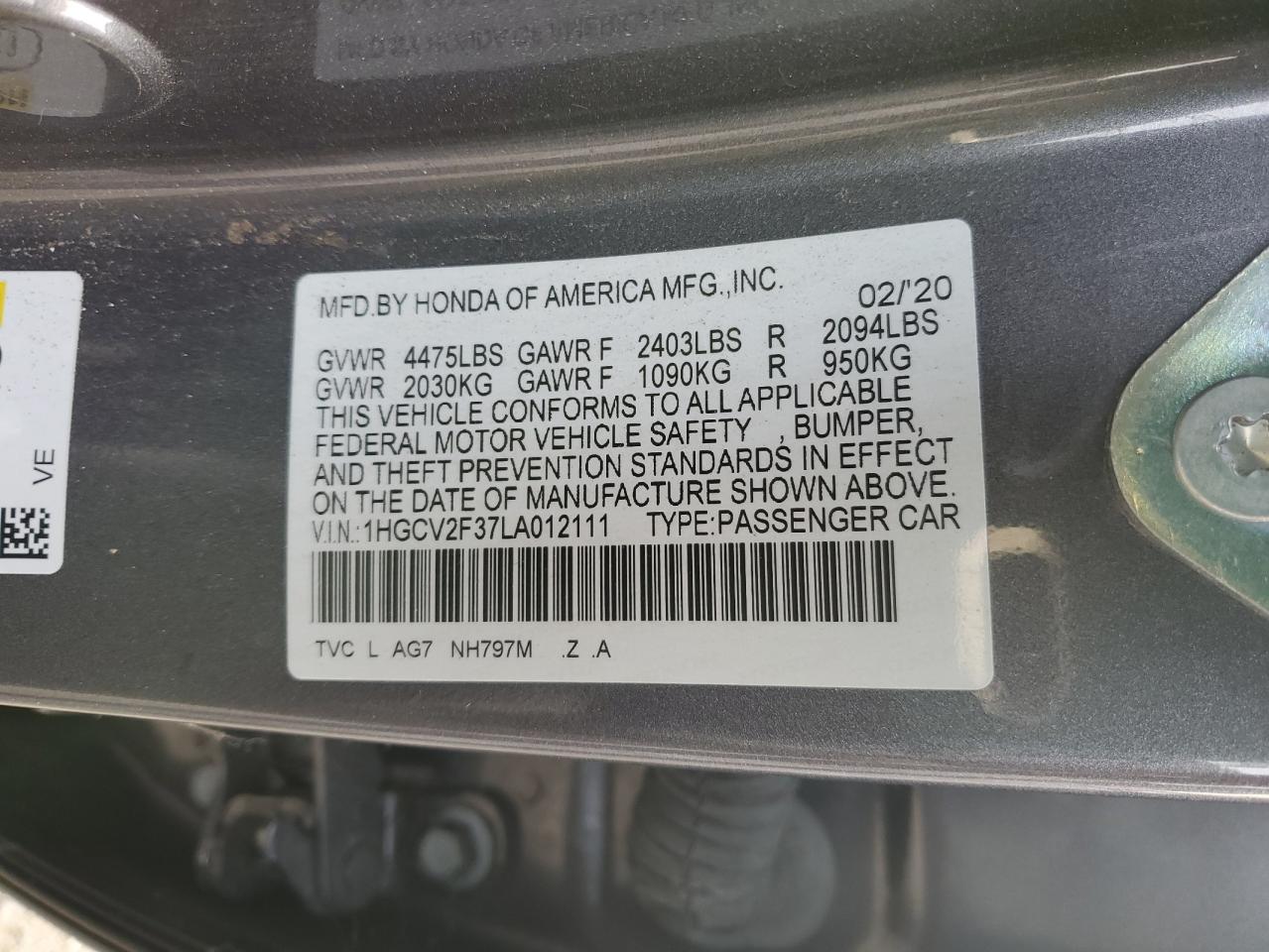 2020 Honda Accord VIN 1HGCV2F37LA012111 Copart auction photo, all over damage thumbnail 12