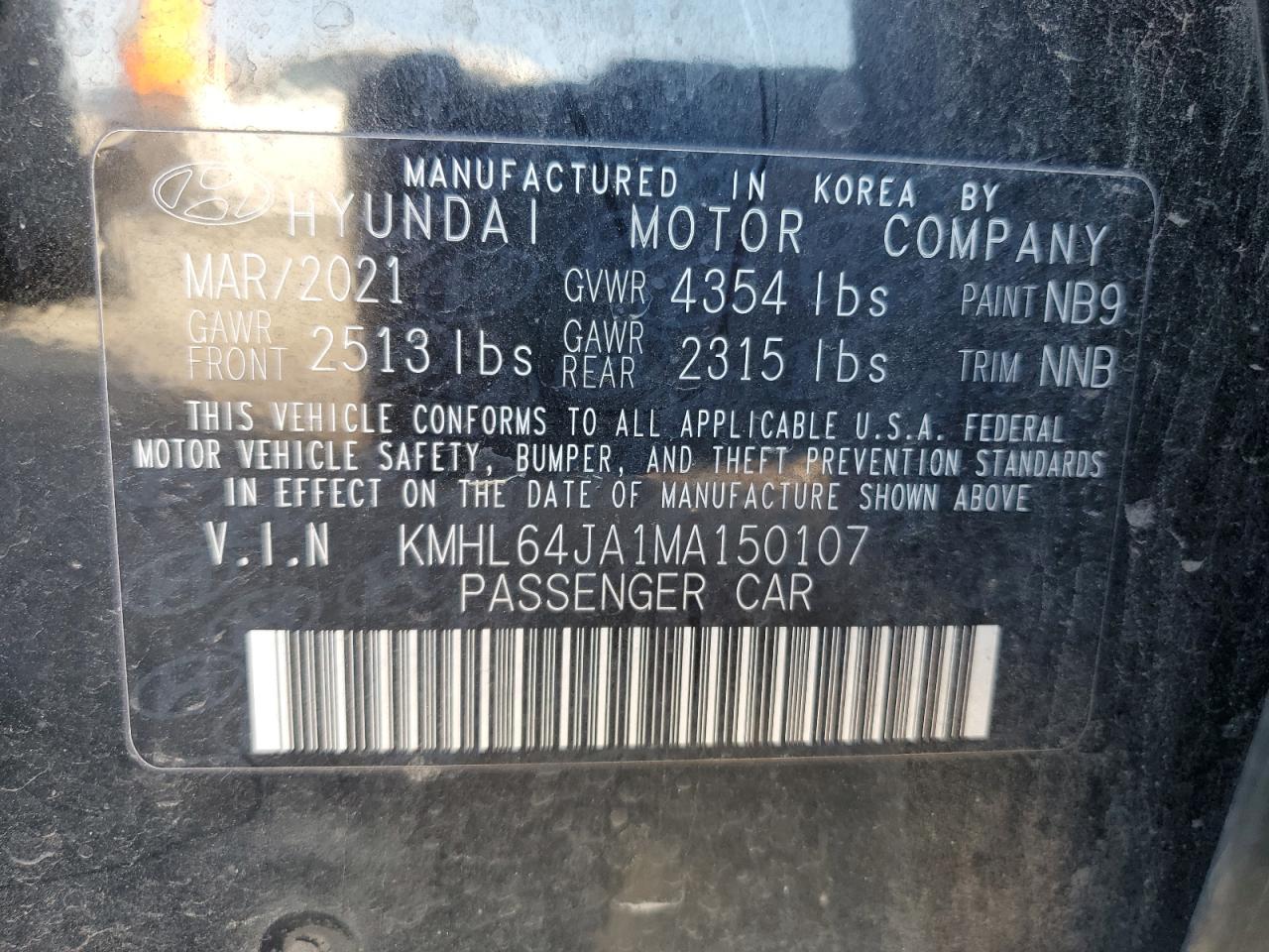 2021 Hyundai Sonata VIN KMHL64JA1MA150107 Copart auction photo, front end damage thumbnail 12