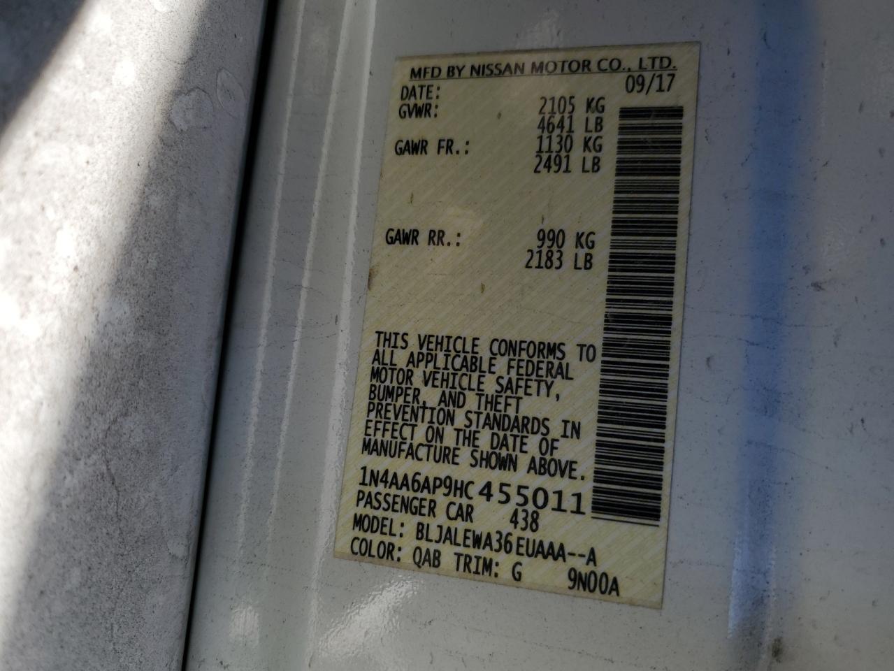 2017 Nissan Maxima VIN 1N4AA6AP9HC455011 Copart auction photo, front end / side damage thumbnail 12