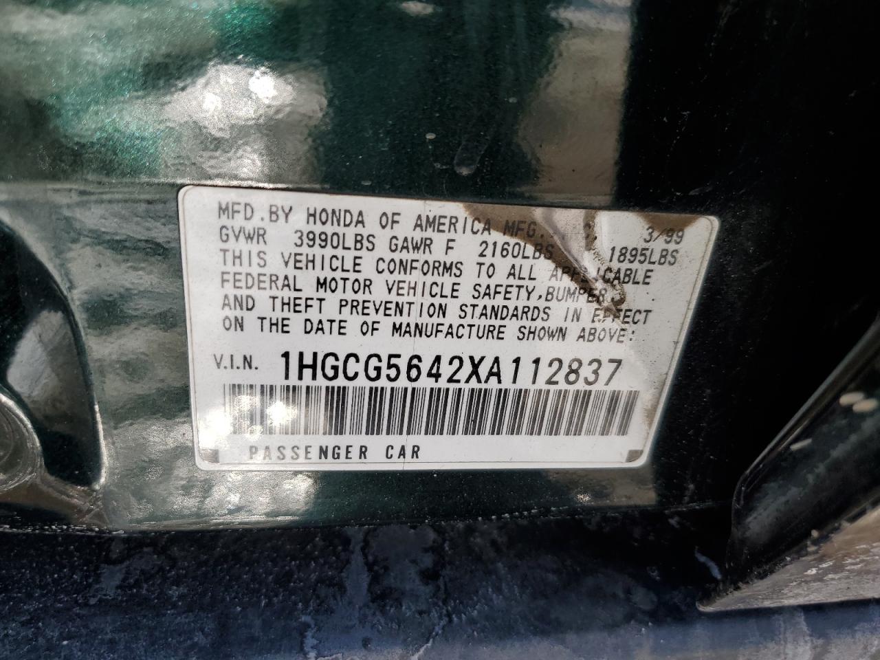 1999 Honda Accord VIN 1HGCG5642XA112837 Copart auction photo, front end damage thumbnail 14