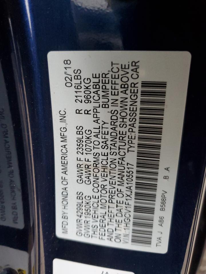 2018 Honda Accord VIN 1HGCV1F1XJA105517 Copart auction photo, front end damage thumbnail 12