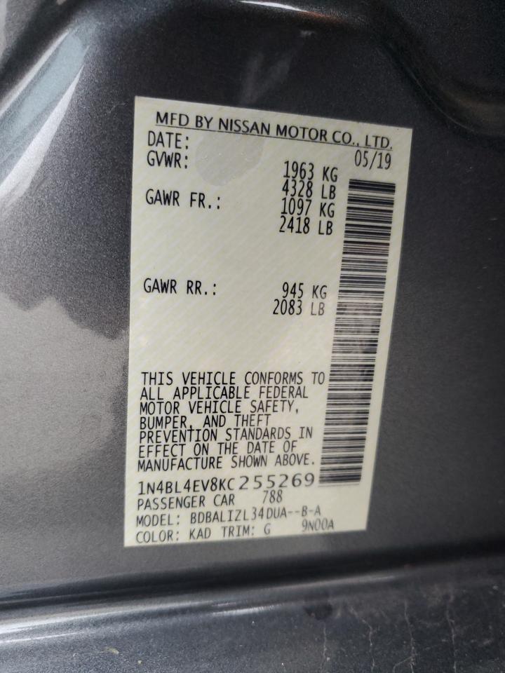 2019 Nissan Altima VIN 1N4BL4EV8KC255269 Copart auction photo, rear end / side damage thumbnail 12