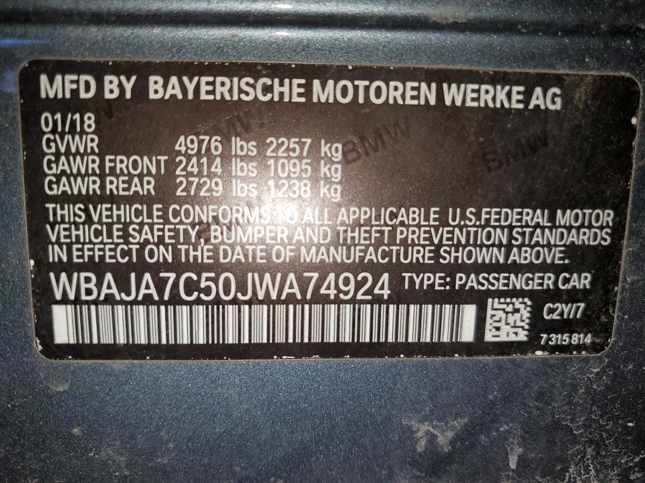 2018 BMW 5er VIN WBAJA7C50JWA74924 Copart auction photo, rear end damage thumbnail 15