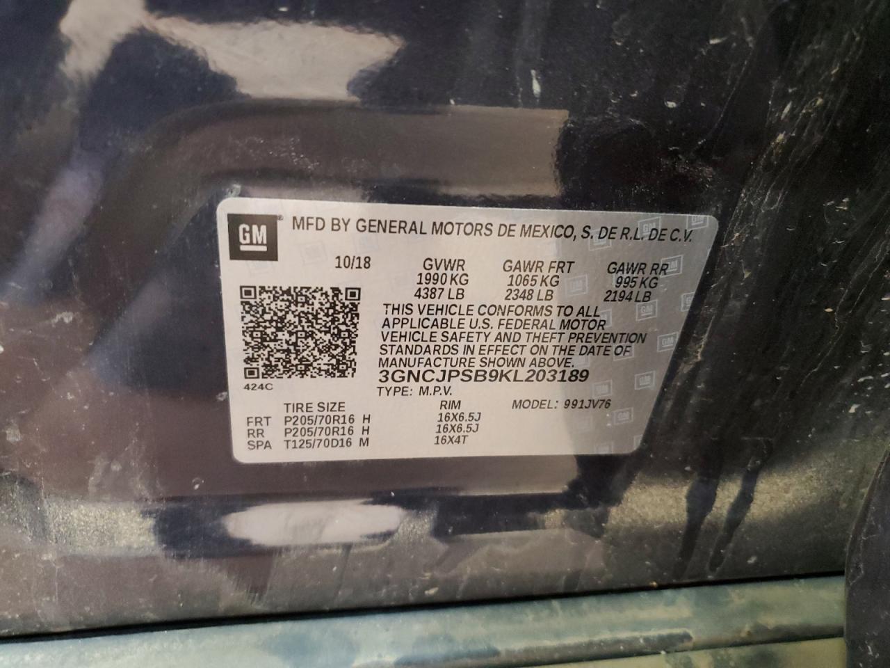 2019 Chevrolet Trax VIN 3GNCJPSB9KL203189 Copart auction photo, front end / rear end damage thumbnail 13