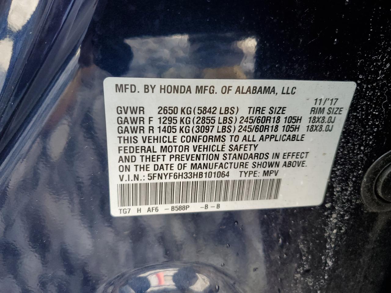 2017 Honda Pilot VIN 5FNYF6H33HB101064 Copart auction photo, front end / undercarriage damage thumbnail 16