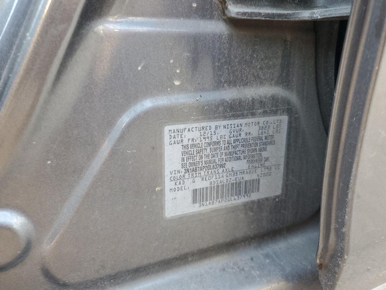 2016 Nissan Sentra VIN 3N1AB7AP2GL637992 Copart auction photo, all over damage thumbnail 12