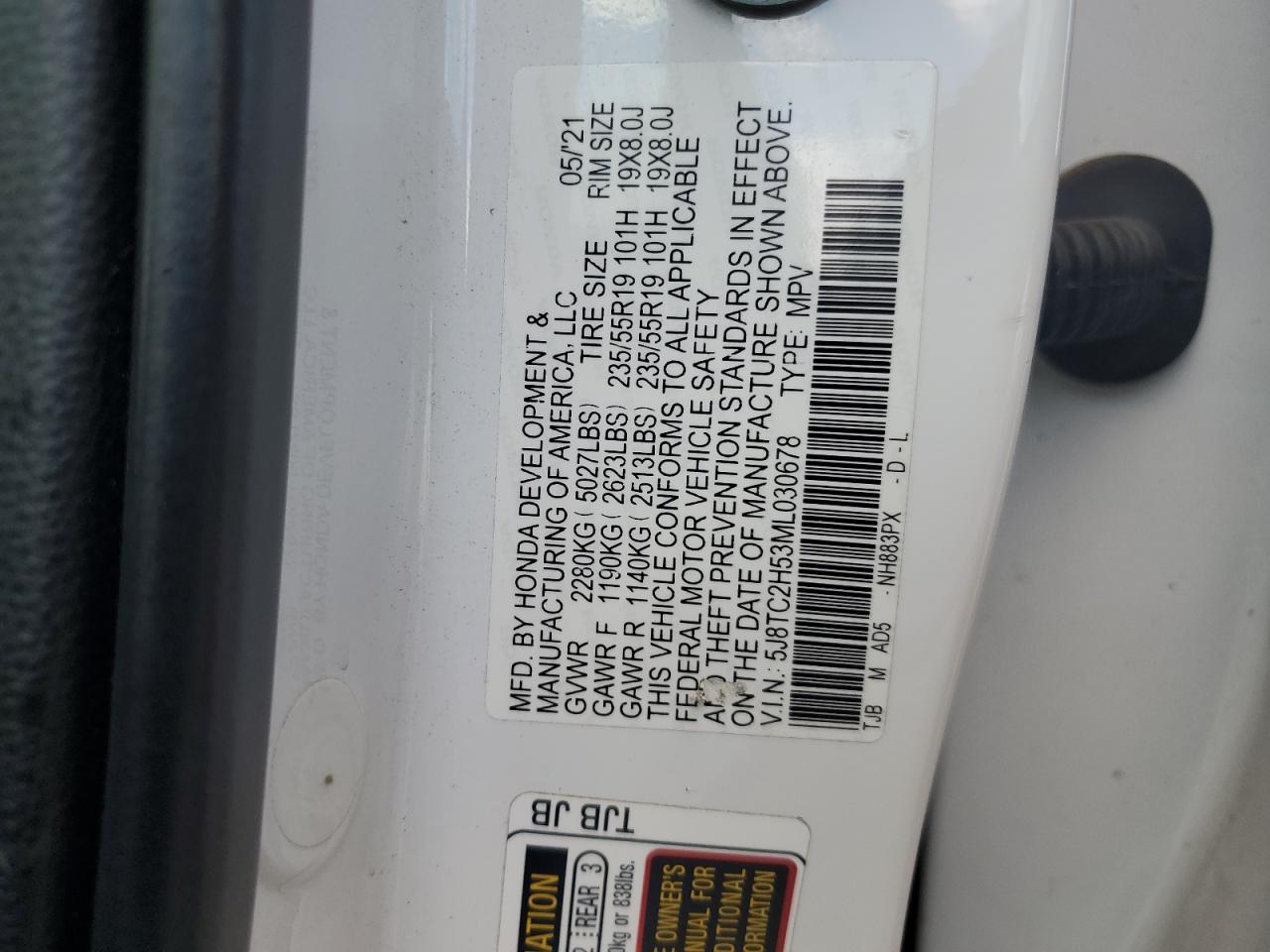 2021 Acura RDX VIN 5J8TC2H53ML030678 Copart auction photo, front end / minor dent/scratches damage thumbnail 14