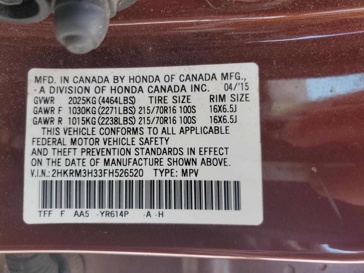 2015 Honda CR-V VIN 2HKRM3H33FH526520 Copart auction photo, front end / rear end damage thumbnail 13