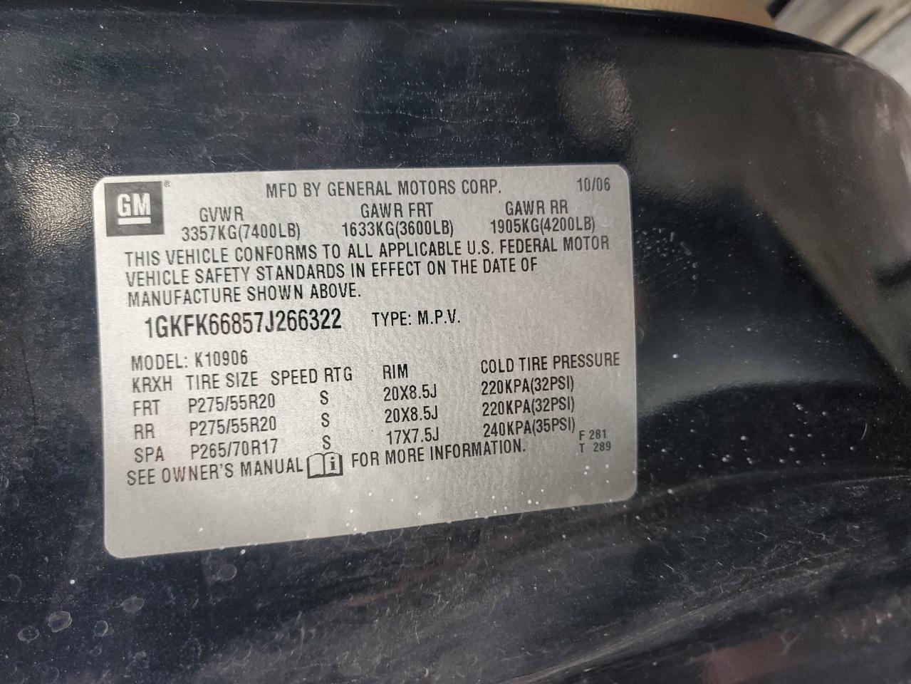 2007 GMC Yukon VIN 1GKFK66857J266322 Copart auction photo, side / rear end damage thumbnail 15