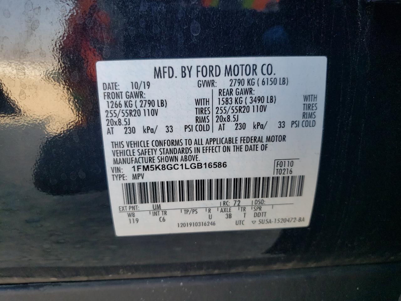 2020 Ford Explorer VIN 1FM5K8GC1LGB16586 Copart auction photo, water/flood damage thumbnail 13