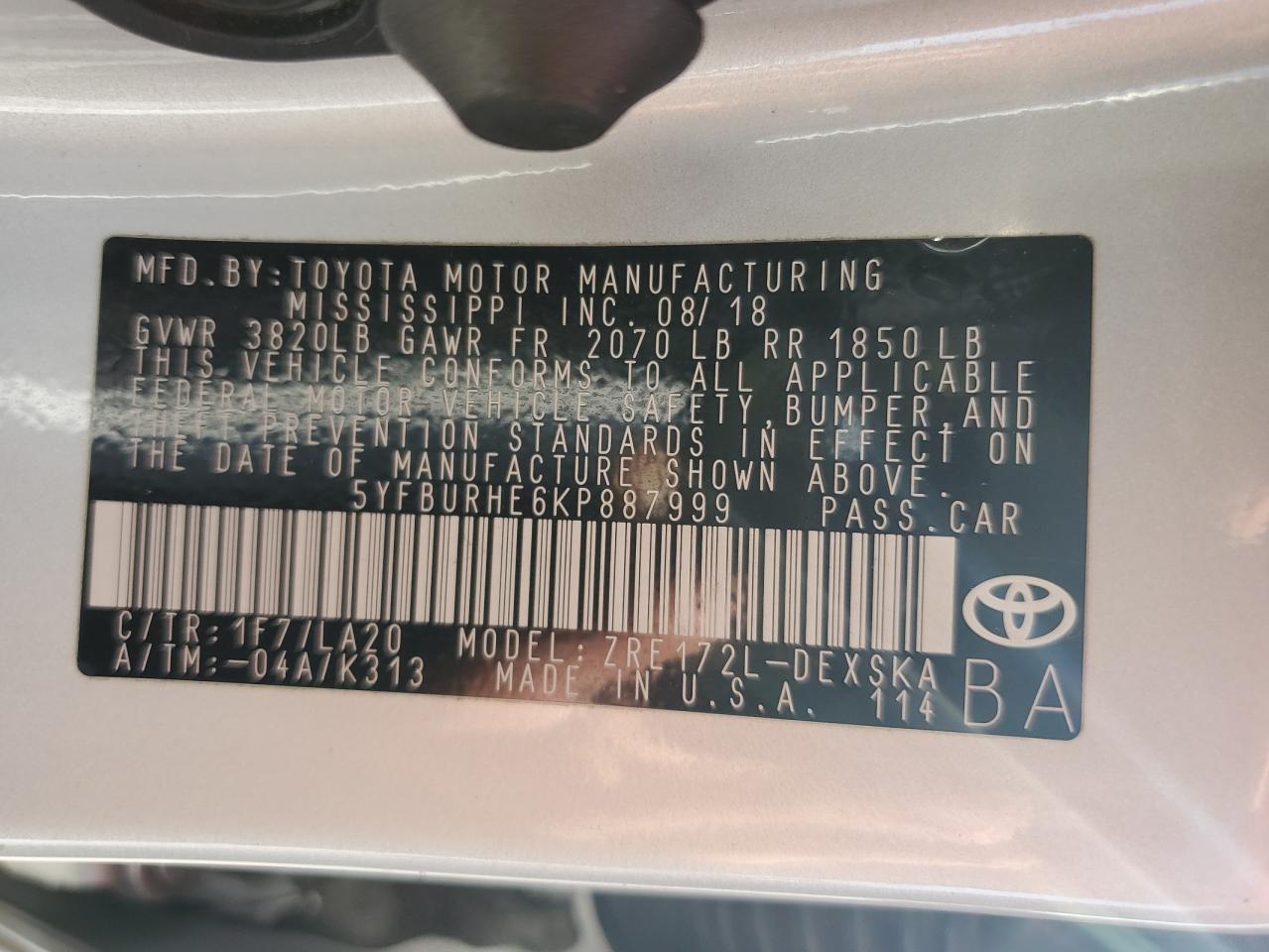 2019 Toyota Corolla VIN 5YFBURHE6KP887999 Copart auction photo, rear end damage thumbnail 12