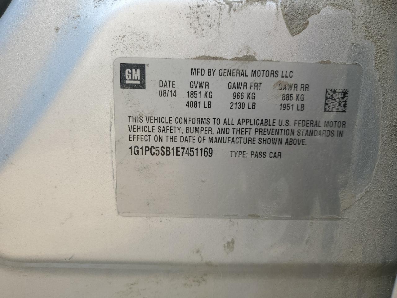 2014 Chevrolet Cruze VIN 1G1PC5SB1E7451169 Copart auction photo, rollover / front end damage thumbnail 12