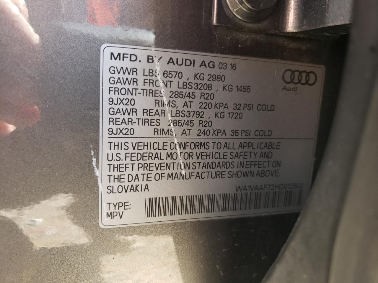 2017 Audi Q7 VIN WA1VAAF72HD012503 Copart auction photo, front end / mechanical damage thumbnail 16