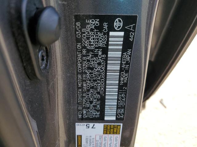 2008 Toyota Prius VIN JTDKB20U683403718 Copart auction photo, front end damage thumbnail 12
