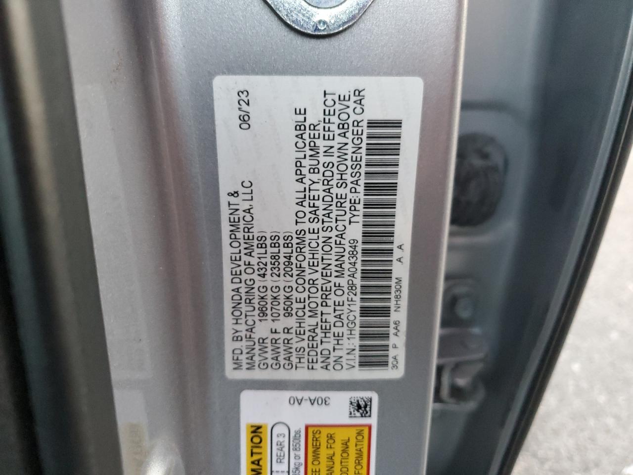 2023 Honda Accord VIN 1HGCY1F28PA043849 Copart auction photo, side damage thumbnail 14