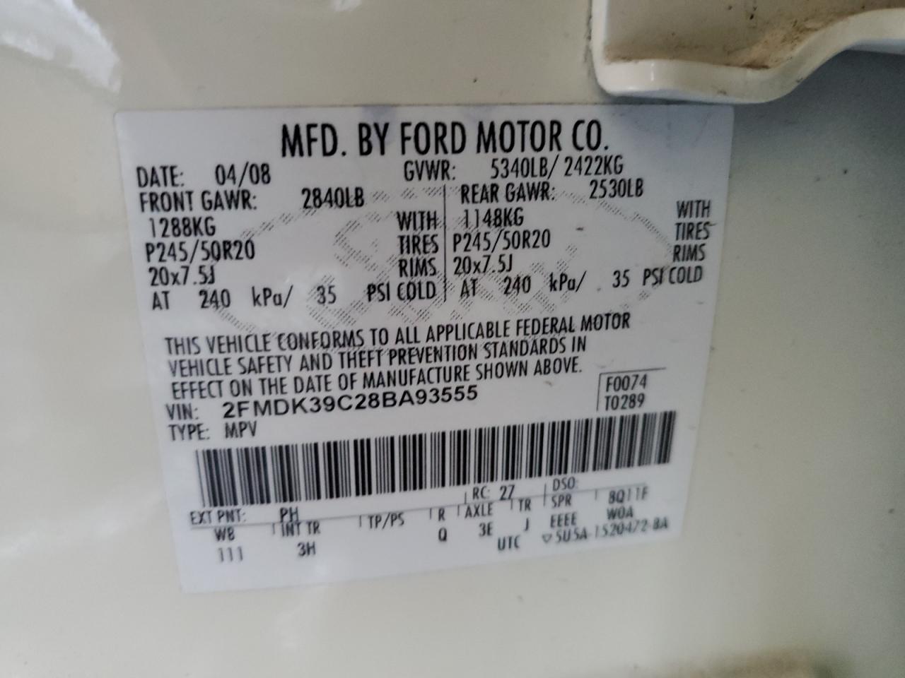 2008 Ford Edge VIN 2FMDK39C28BA93555 Copart auction photo, front end / side damage thumbnail 15