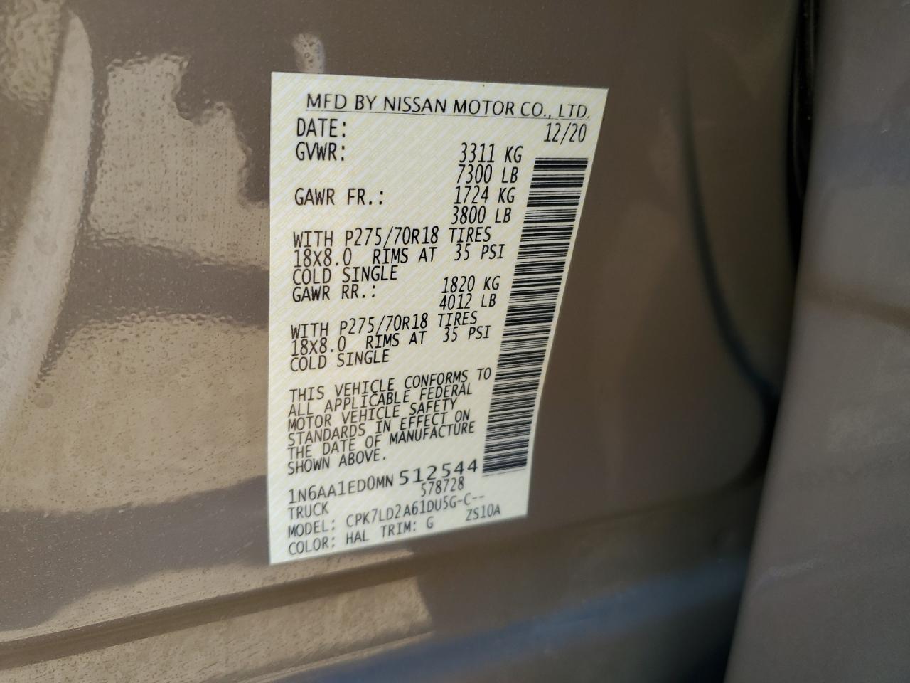 2021 Nissan Titan VIN 1N6AA1ED0MN512544 Copart auction photo, water/flood damage thumbnail 13