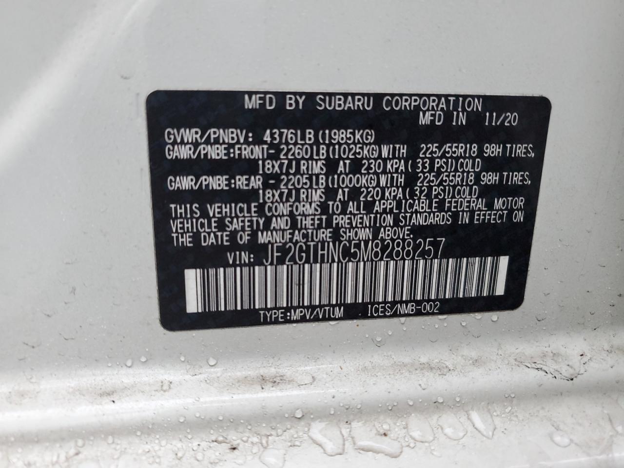 2021 Subaru XV VIN JF2GTHNC5M8288257 Copart auction photo, side damage thumbnail 13