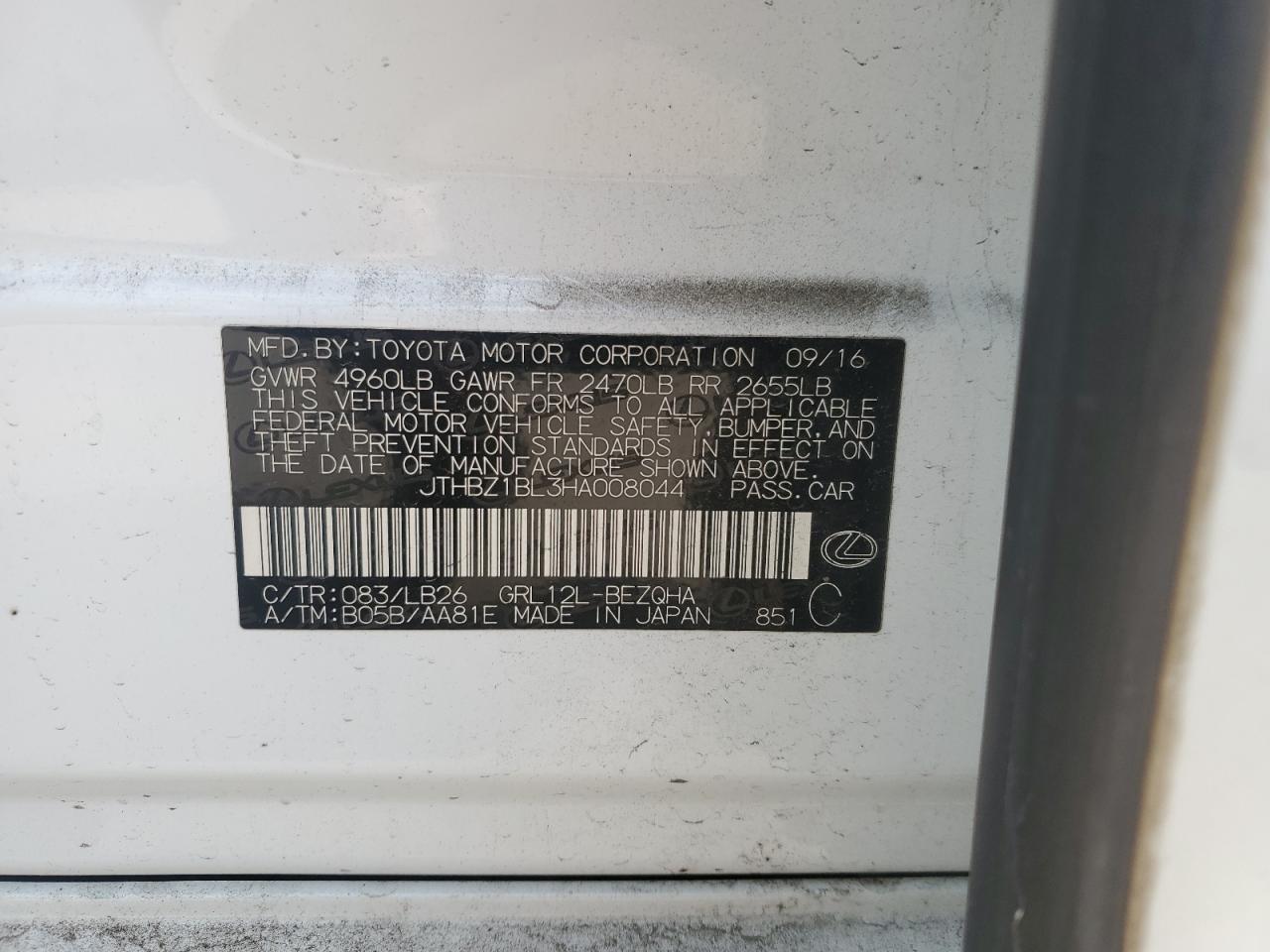 2017 Lexus GS VIN JTHBZ1BL3HA008044 Copart auction photo, all over damage thumbnail 13