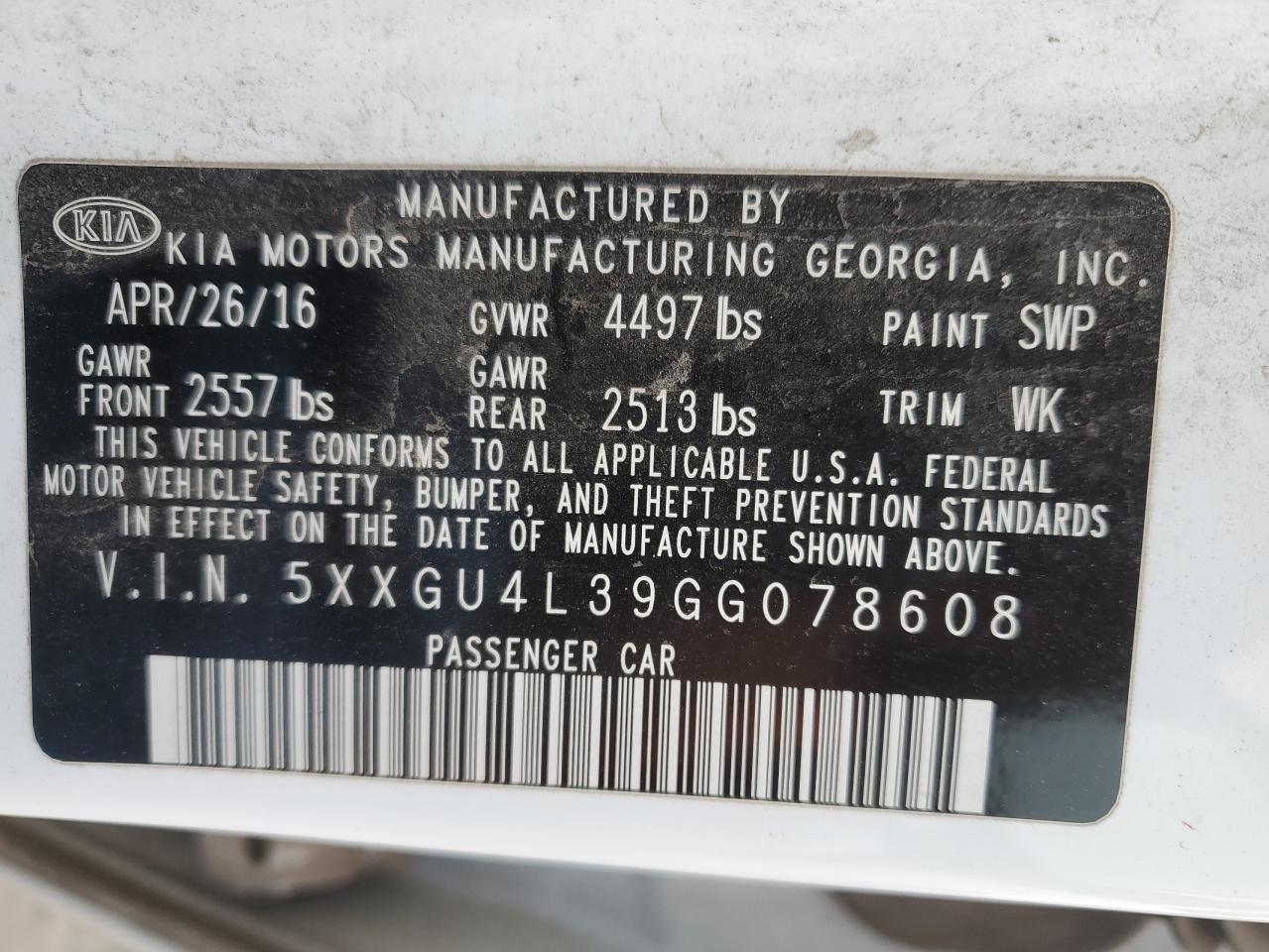 2016 KIA Optima VIN 5XXGU4L39GG078608 Copart auction photo, front end / side damage thumbnail 12