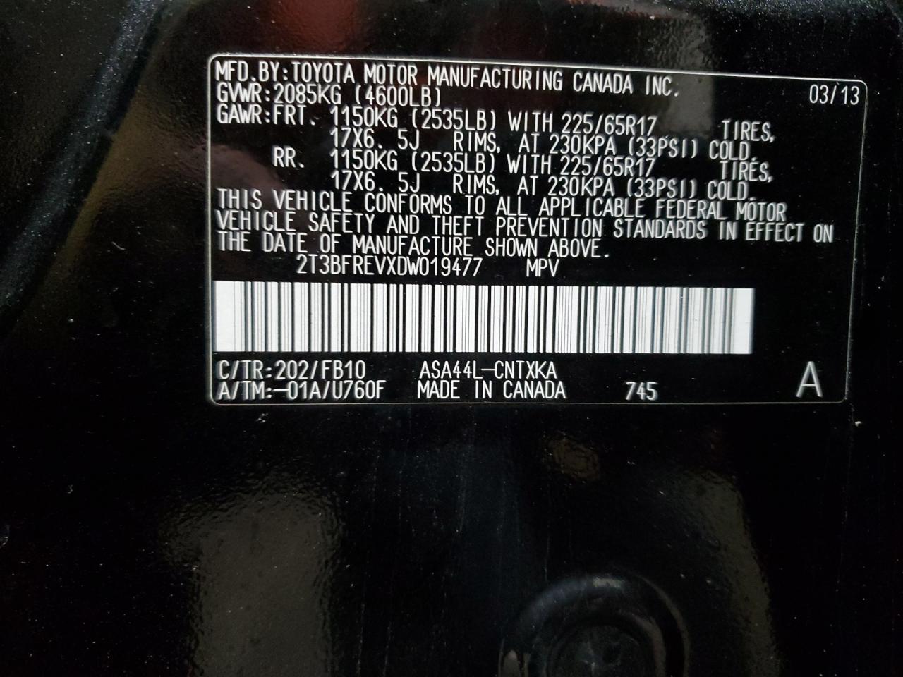 2013 Toyota RAV 4 VIN 2T3BFREVXDW019477 Copart auction photo, rear end / front end damage thumbnail 14