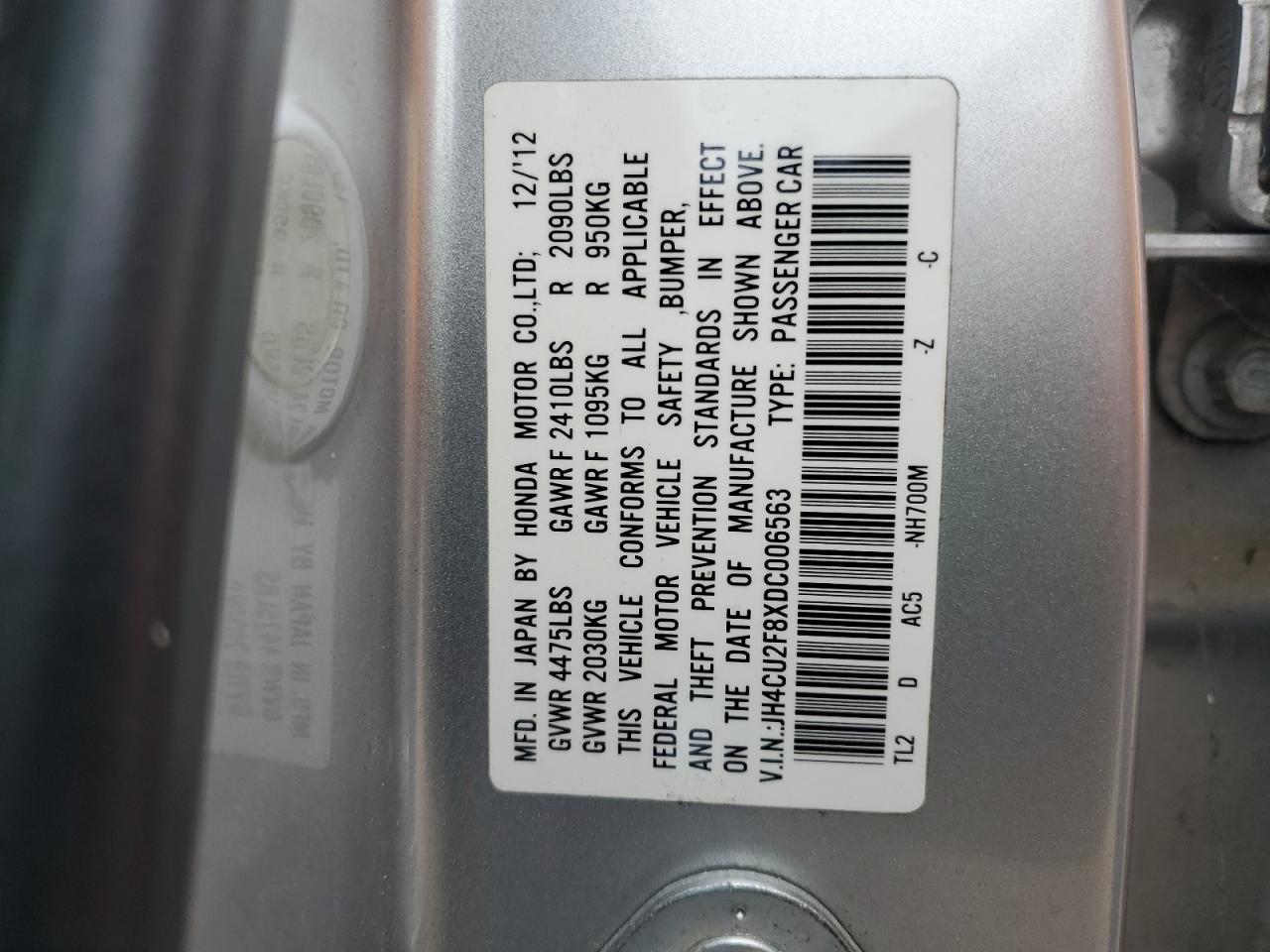 2013 Acura TSX VIN JH4CU2F8XDC006563 Copart auction photo, rear end / side damage thumbnail 12