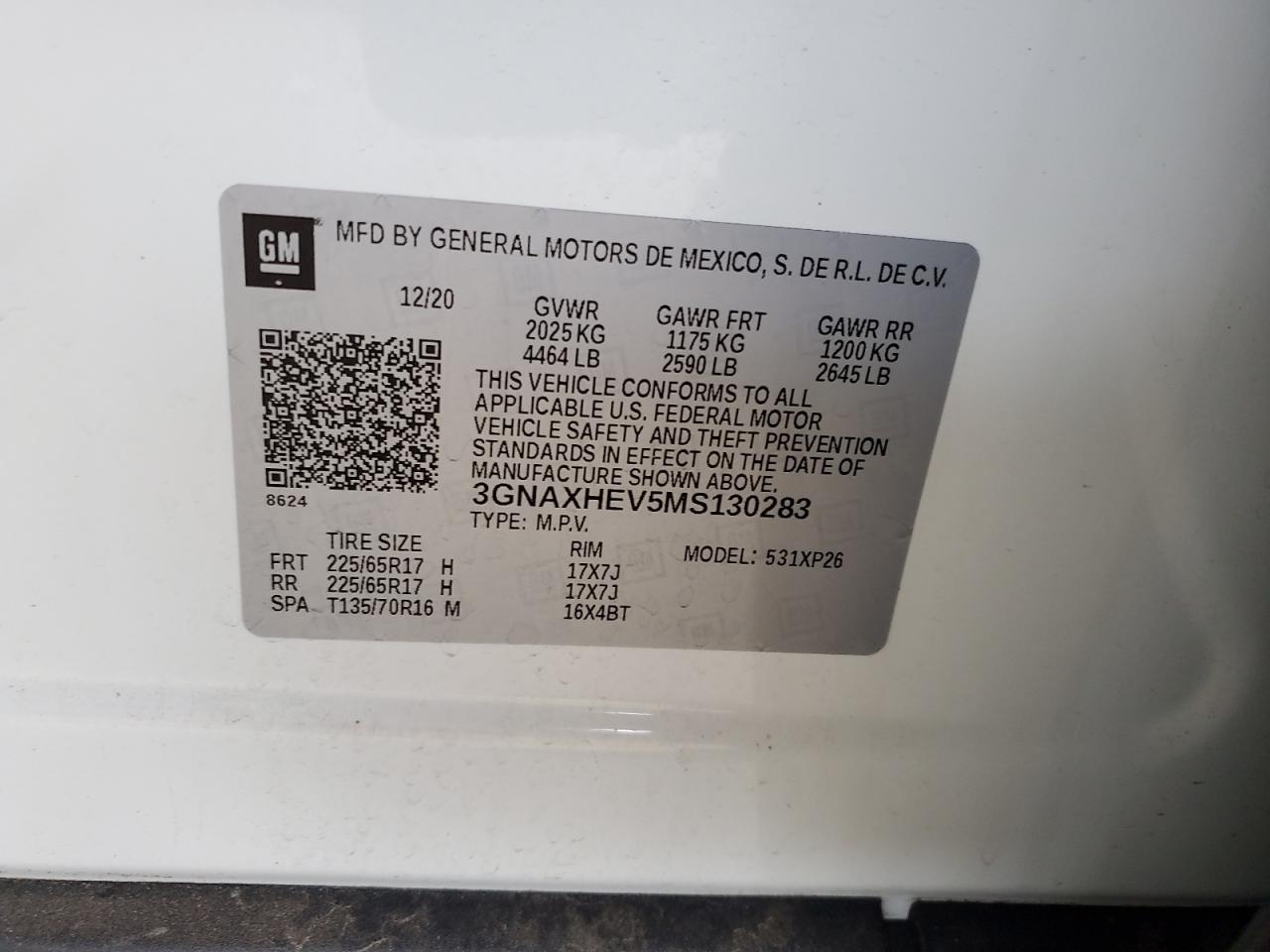 2021 Chevrolet Equinox VIN 3GNAXHEV5MS130283 Copart auction photo, rear end / front end damage thumbnail 14