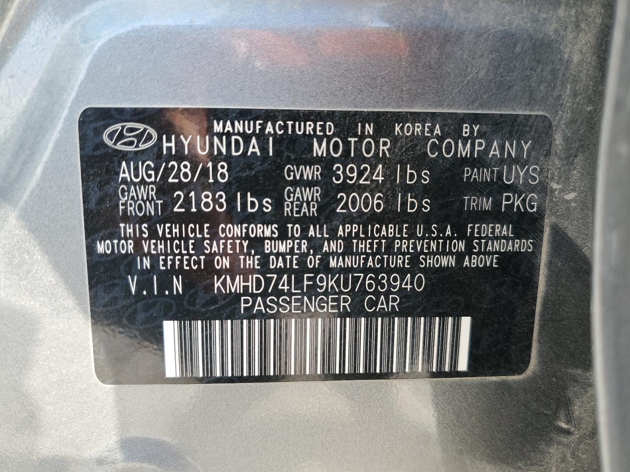 2019 Hyundai Elantra VIN KMHD74LF9KU763940 Copart auction photo, front end damage thumbnail 13