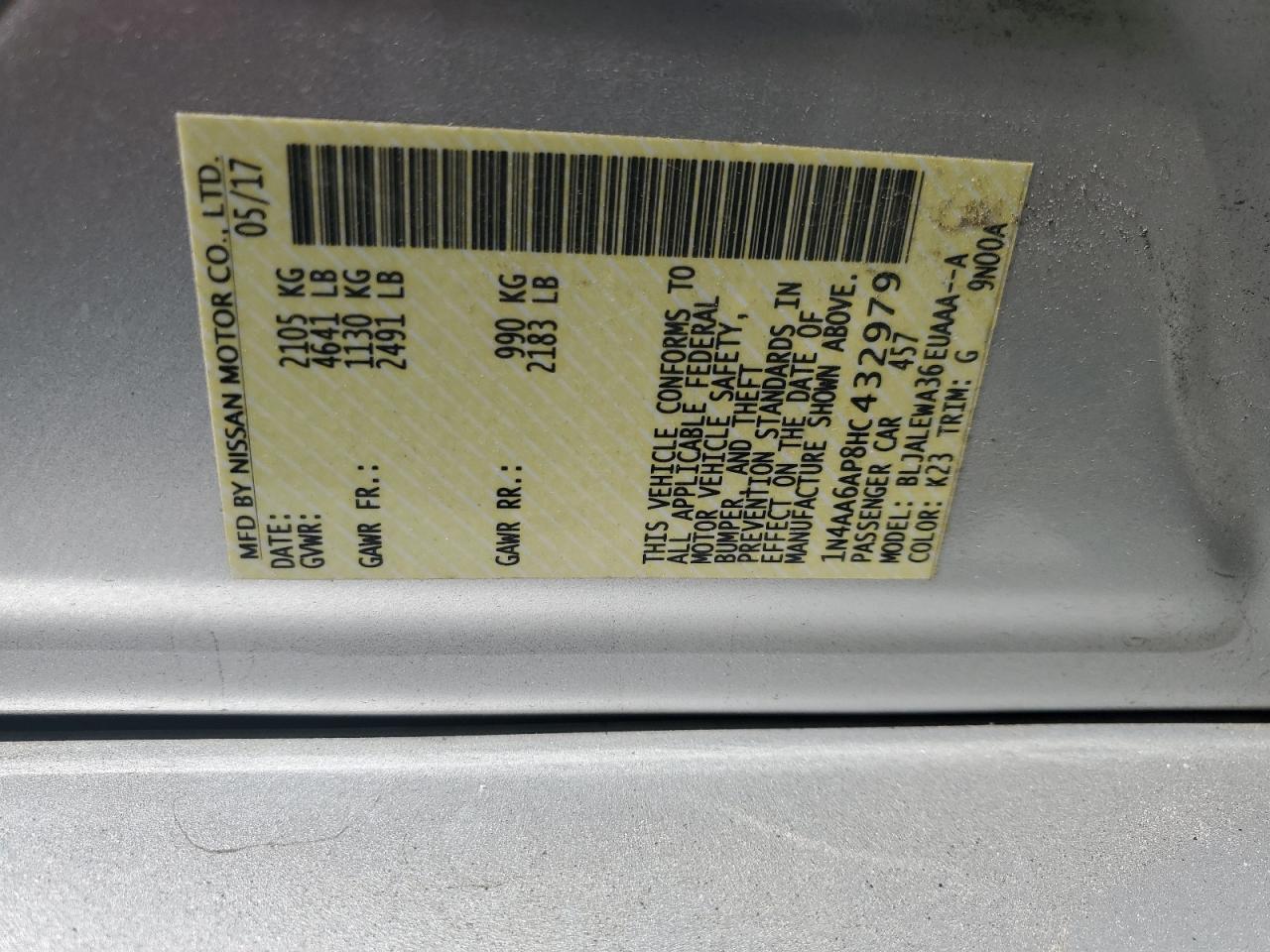 2017 Nissan Maxima VIN 1N4AA6AP8HC432979 Copart auction photo, rear end damage thumbnail 12