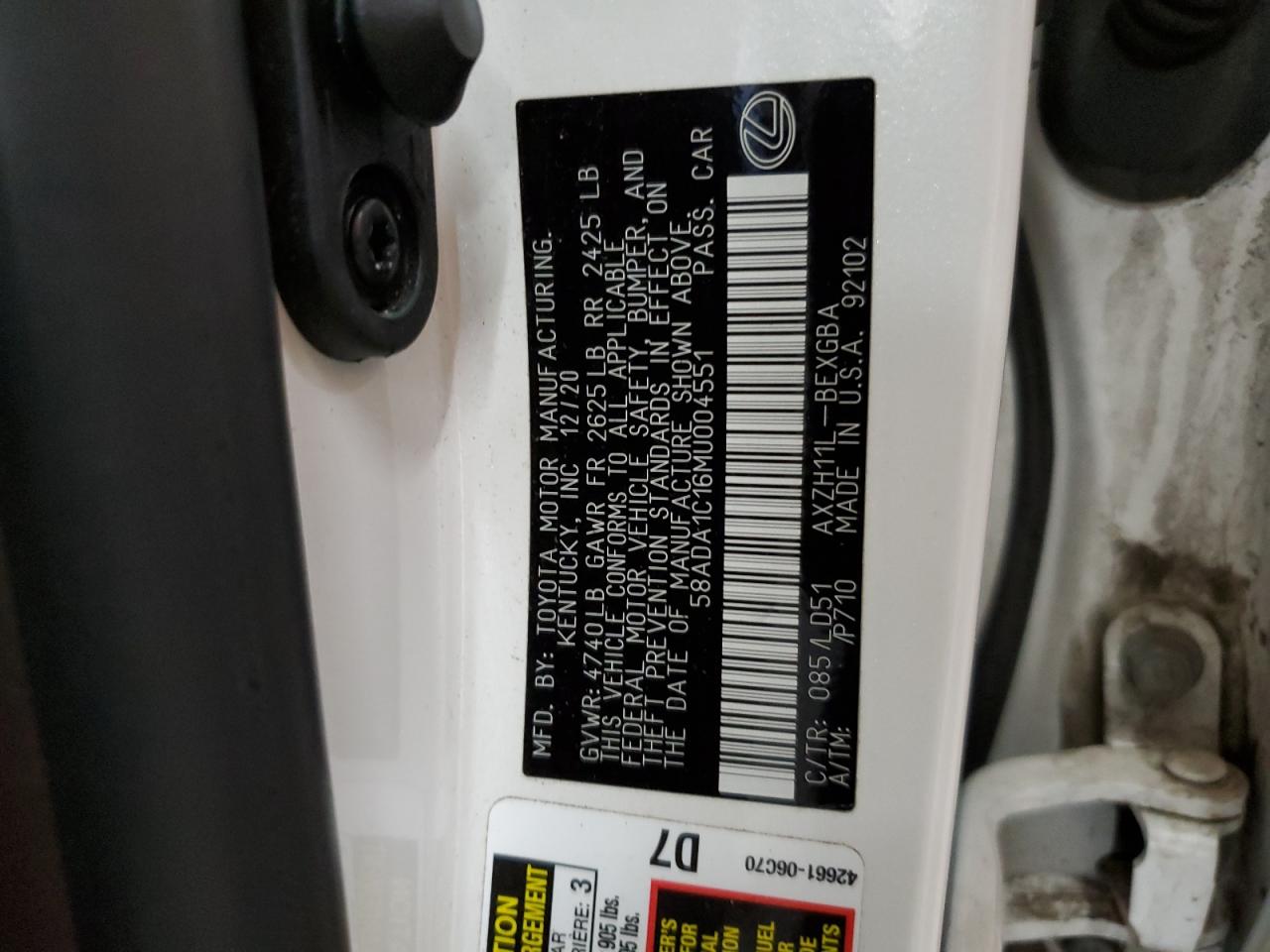 2021 Lexus ES VIN 58ADA1C16MU004551 Copart auction photo, all over damage thumbnail 13
