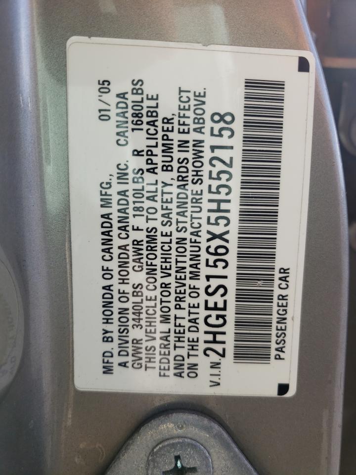 2005 Honda Civic VIN 2HGES156X5H552158 Copart auction photo, front end damage thumbnail 12