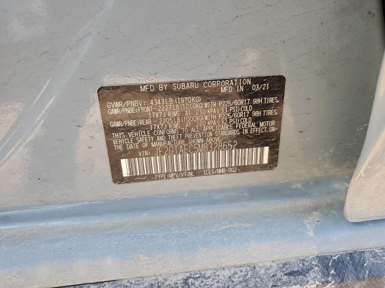 2021 Subaru XV VIN JF2GTAEC5M8328652 Copart auction photo, front end damage thumbnail 13