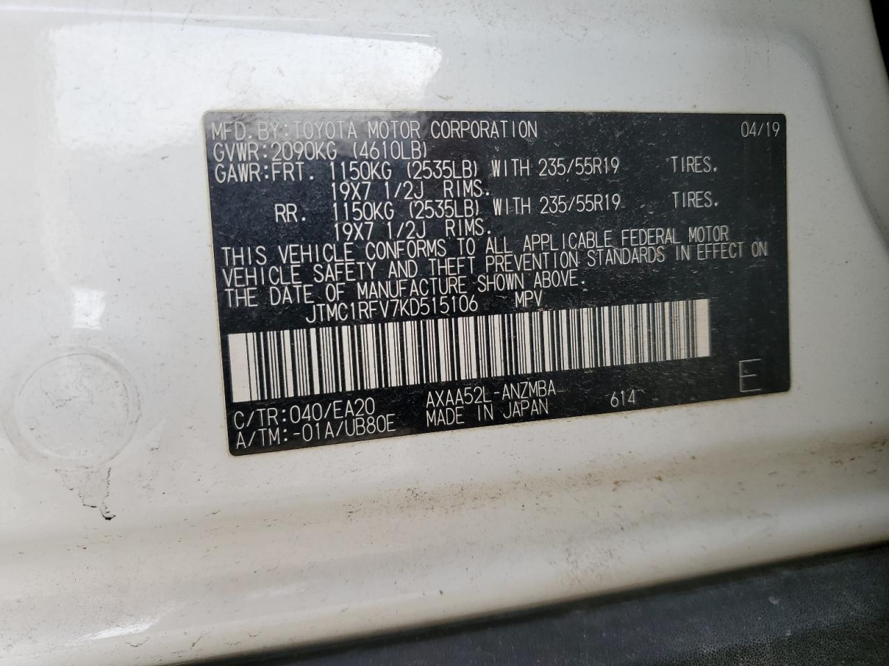 2019 Toyota RAV 4 VIN JTMC1RFV7KD515106 Copart auction photo, all over damage thumbnail 15