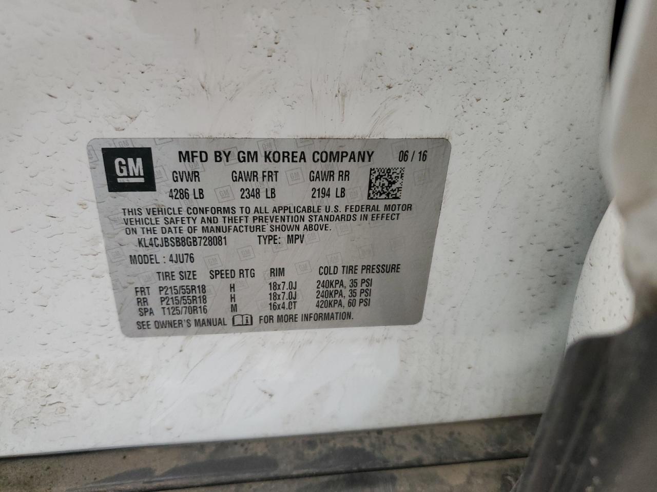 2016 Buick Encore VIN KL4CJBSB8GB728081 Copart auction photo, front end / undercarriage damage thumbnail 13