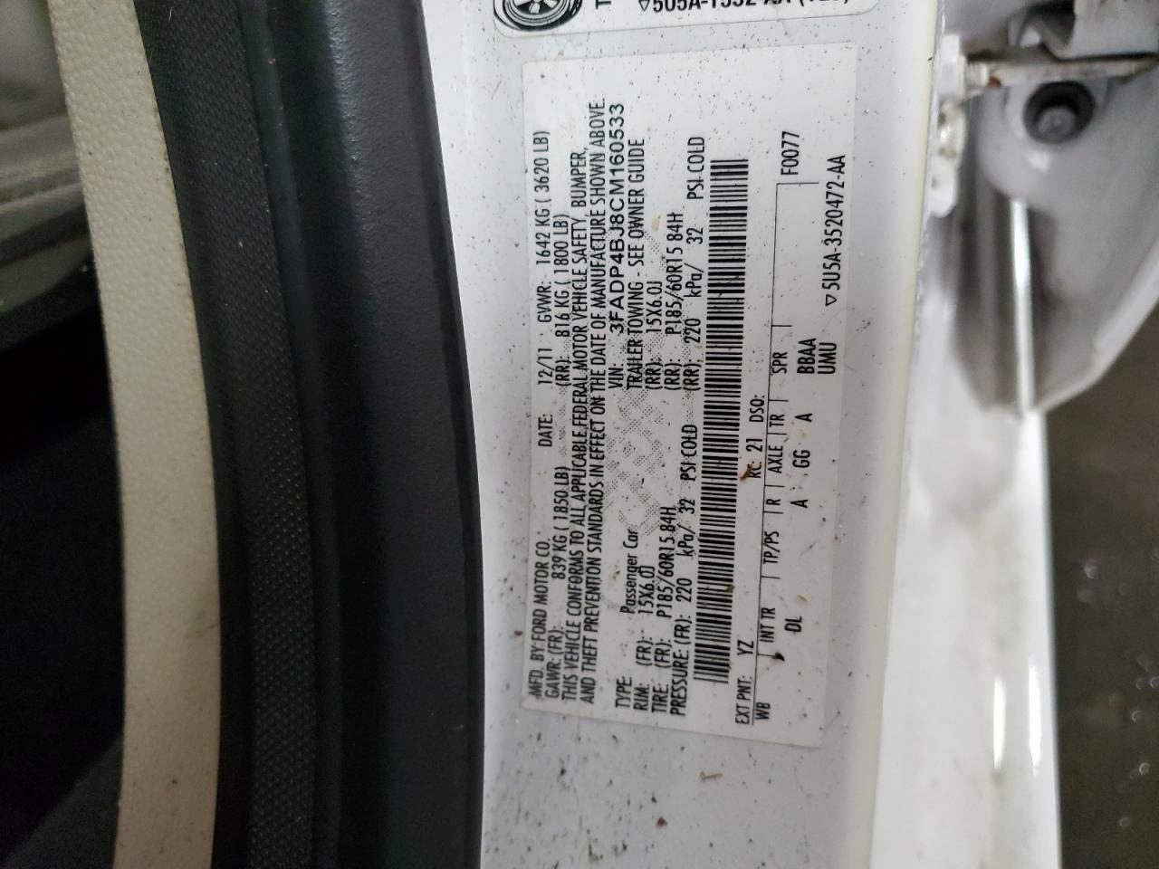 2012 Ford Fiesta VIN 3FADP4BJ8CM160533 Copart auction photo, front end damage thumbnail 13