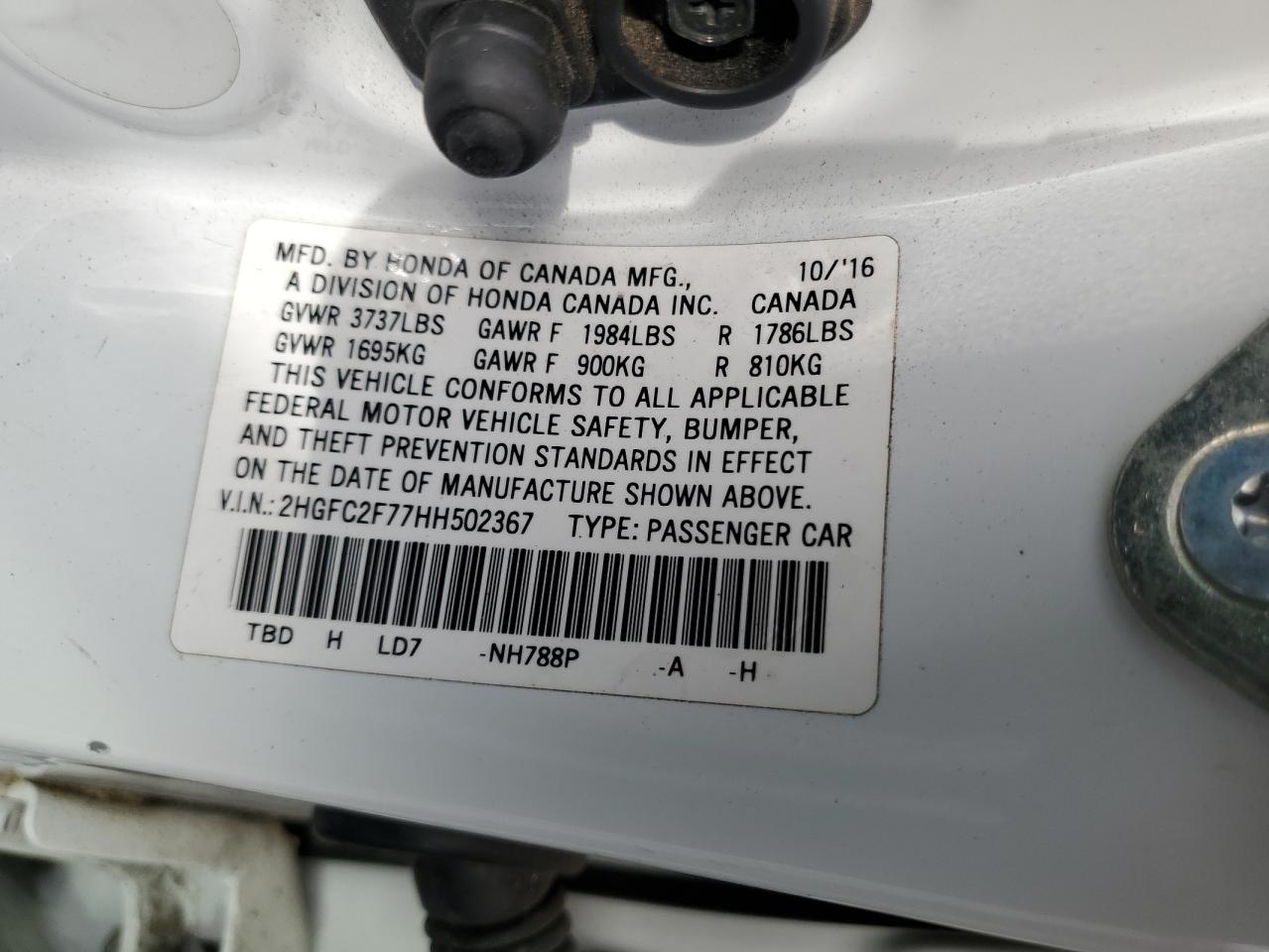 2017 Honda Civic VIN 2HGFC2F77HH502367 Copart auction photo, front end damage thumbnail 12