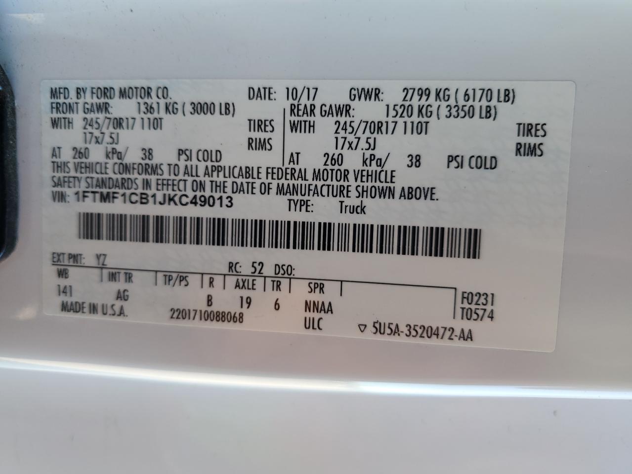 2018 Ford F-150 VIN 1FTMF1CB1JKC49013 Copart auction photo, stripped damage thumbnail 13