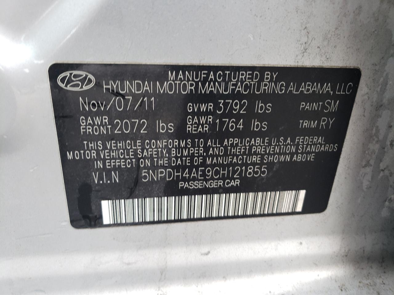 2012 Hyundai Elantra VIN 5NPDH4AE9CH121855 Copart auction photo, front end / rear end damage thumbnail 12